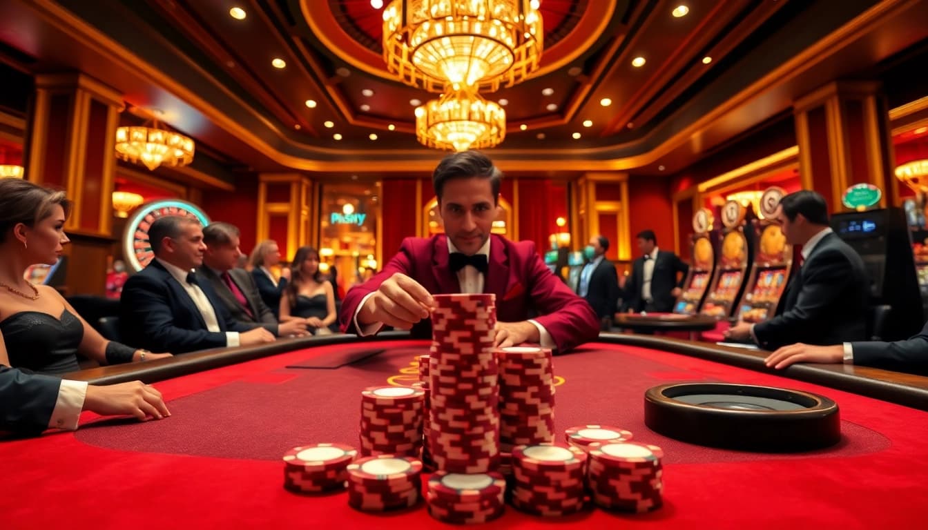 PHSKY casino scene showcasing a high-stakes poker table with players and winning poker chips.