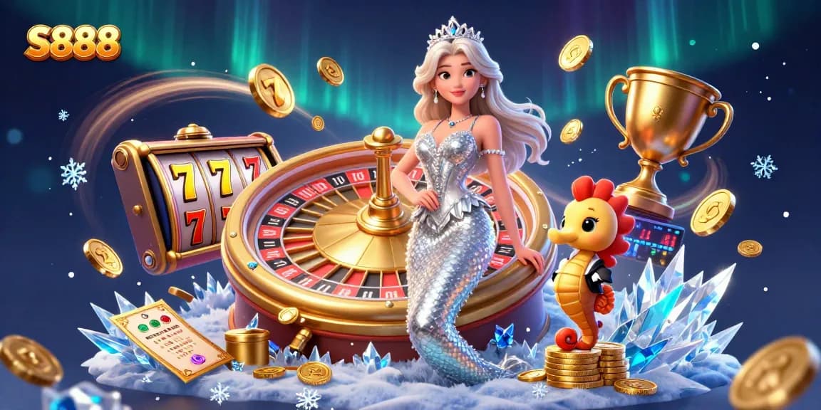 Engage in thrilling gameplay at S888, featuring a stunning woman by a roulette wheel and vibrant casino elements.