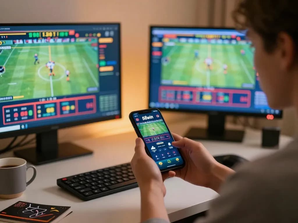 Engaging with the 58win app for mobile sports betting in a cozy home setting.