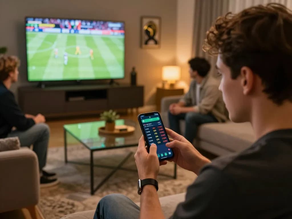 Player engaging in sports betting through mobile app at LV88, dynamic game atmosphere with friends.