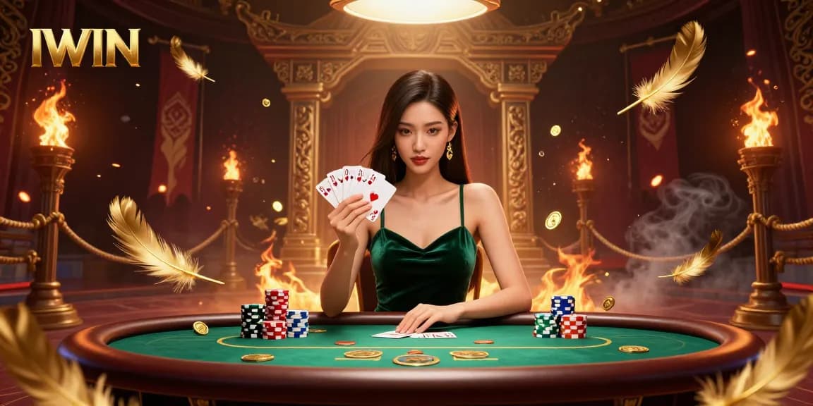 IWIN brings exciting poker gameplay to life with an Asian woman in a luxury setting, showcasing vibrant casino elements.