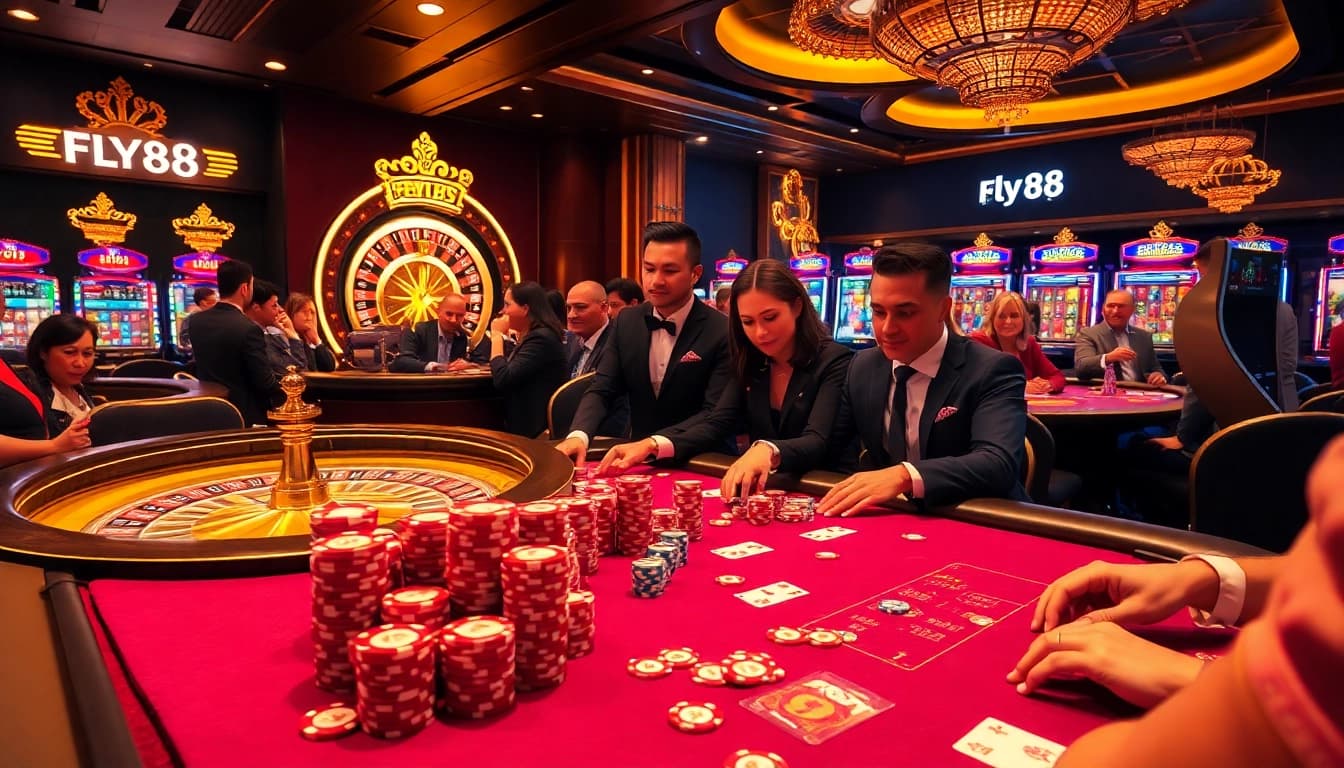 FLY88 brings excitement with intense poker gameplay amid a luxurious casino atmosphere.