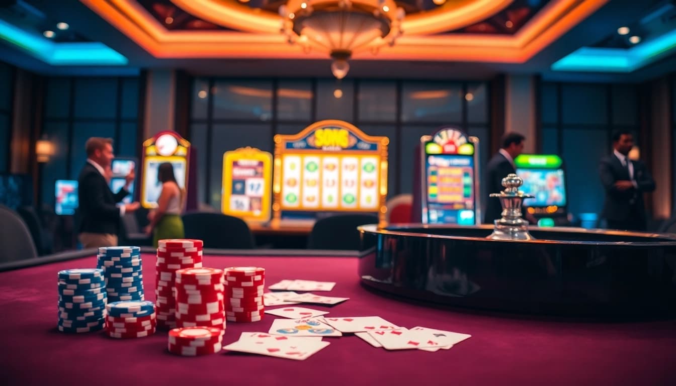 Experience luxury gaming at 8KBET with vibrant casino tables and engaging slot machines.