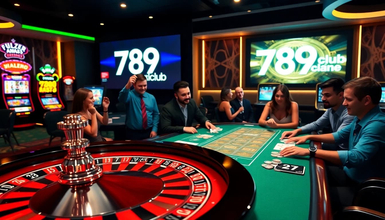 Exciting gameplay at 789club with poker, roulette, and slot machines in a luxurious setting.