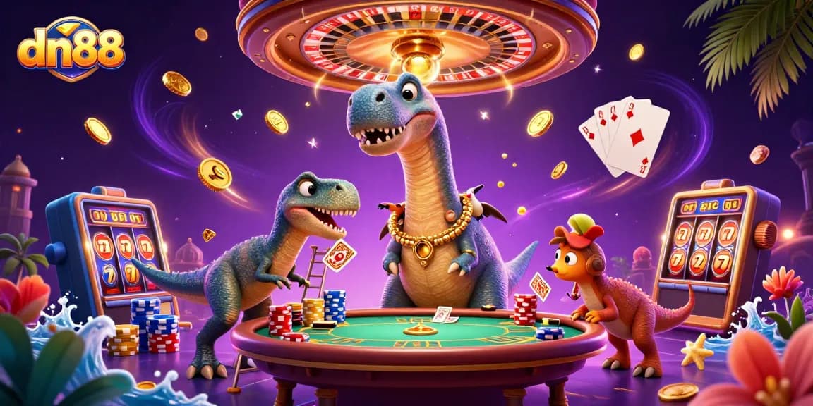 Experience excitement at DN88 with dinosaurs and vibrant casino elements showcasing fun and games.
