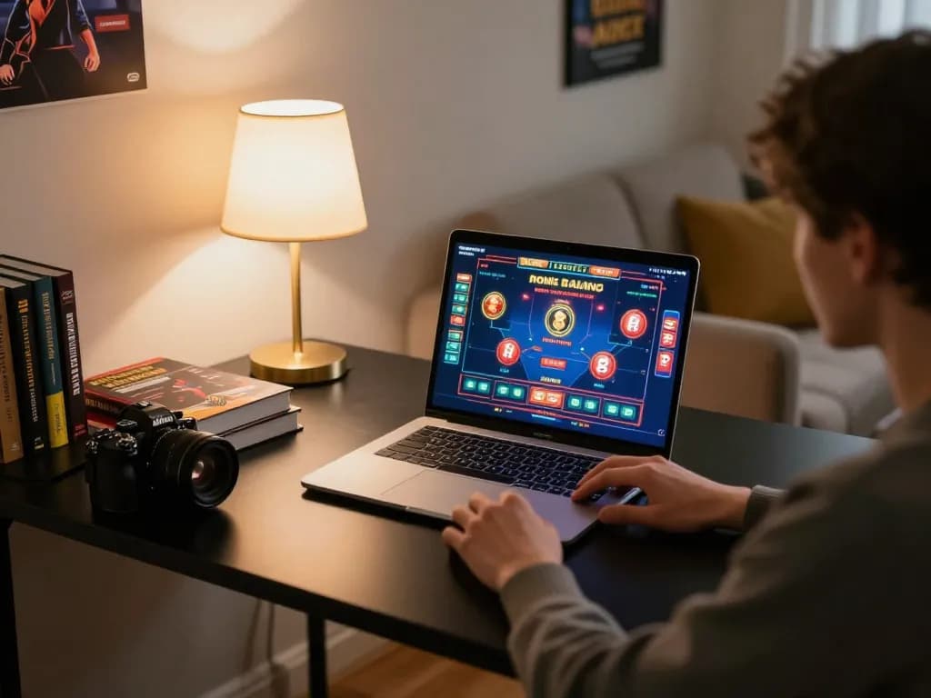Player enjoying sc88 online gaming experience at home with strategic notes and laptop setup.