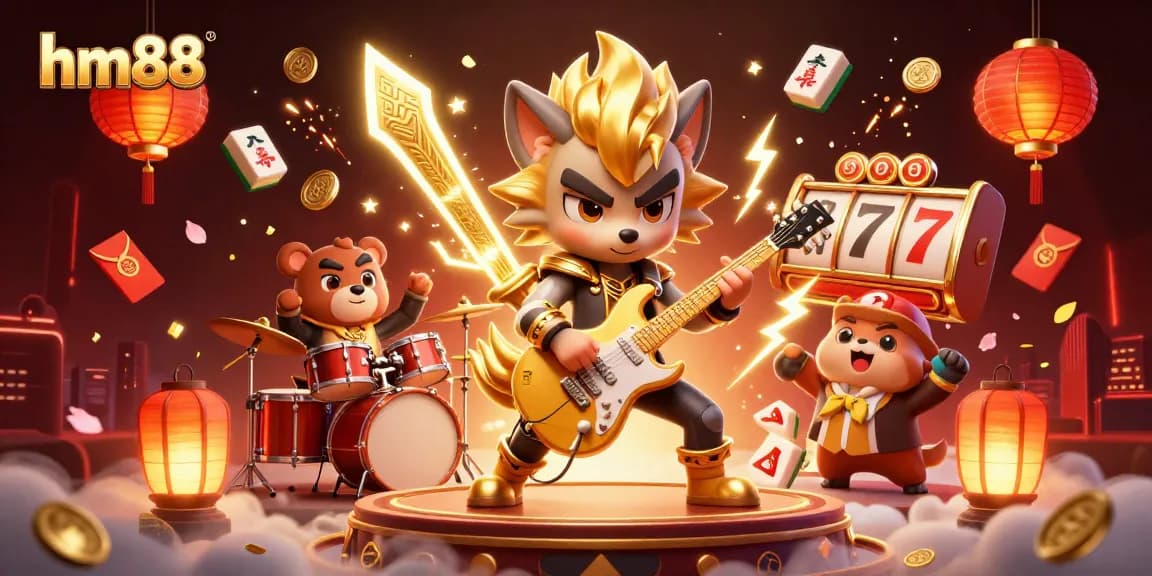 hm88 showcases a vibrant casino scene with a rock star wolf and drummer bear celebrating wins.