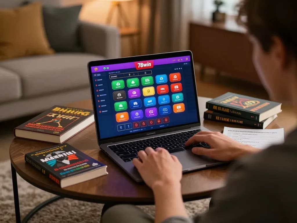 Player engaging with 78win online gaming platform on laptop while practicing bankroll management.