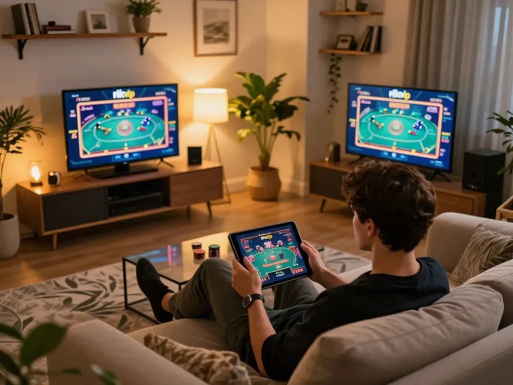 Engaged player enjoying poker on rikvip platform from a cozy home setting with warm lighting.