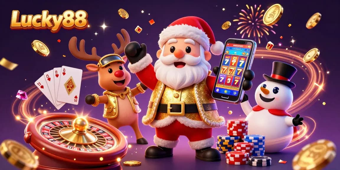 Experience the excitement of Lucky88 with Santa and friends in a vibrant casino scene.