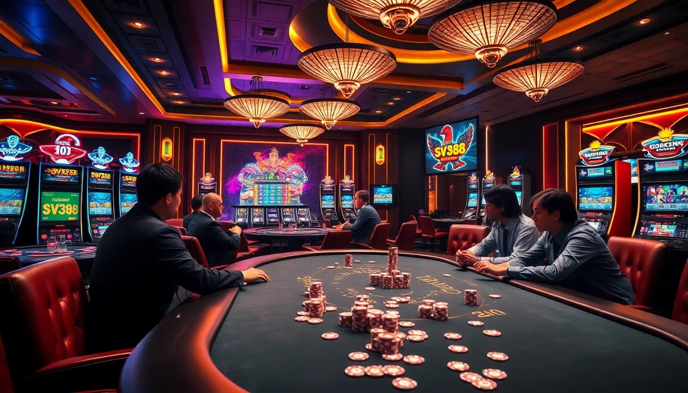 Engage in thrilling sv388 online cockfighting with live action, vibrant colors, and elegant casino atmosphere.