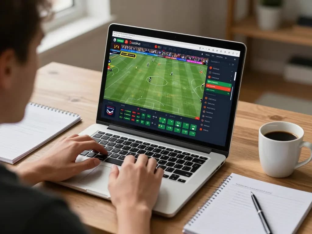 Socolive betting on live sports matches with user focused on laptop and strategy notes