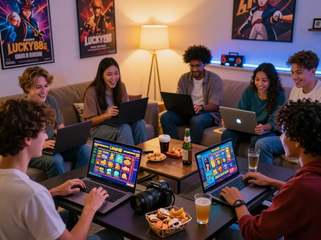 Group of friends celebrating while Đăng ký Lucky88 online gaming in a cozy living room.
