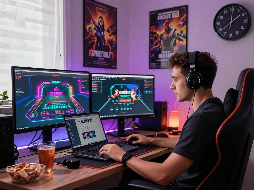 KOMBET168 online gaming scene featuring a young adult at a stylish desk with gaming laptop and vibrant LED lights.