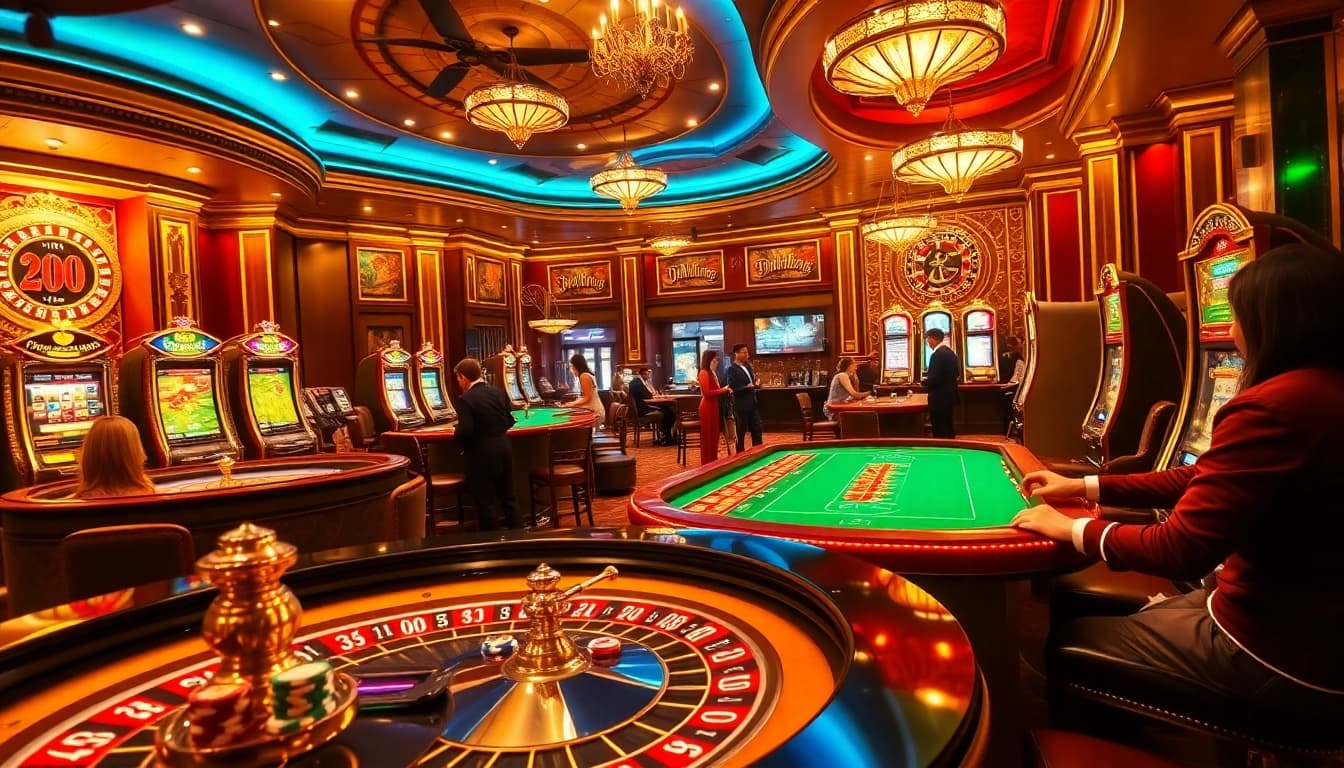 Lucky gamblers enjoying vibrant games at Luck8's luxurious casino scene with roulette, poker, and slot games.