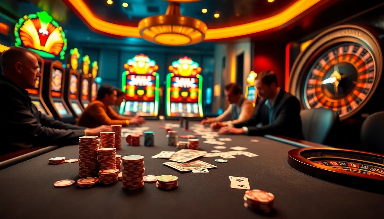 Exciting scene at F168 OKVIP casino table featuring poker chips and high-stakes players.