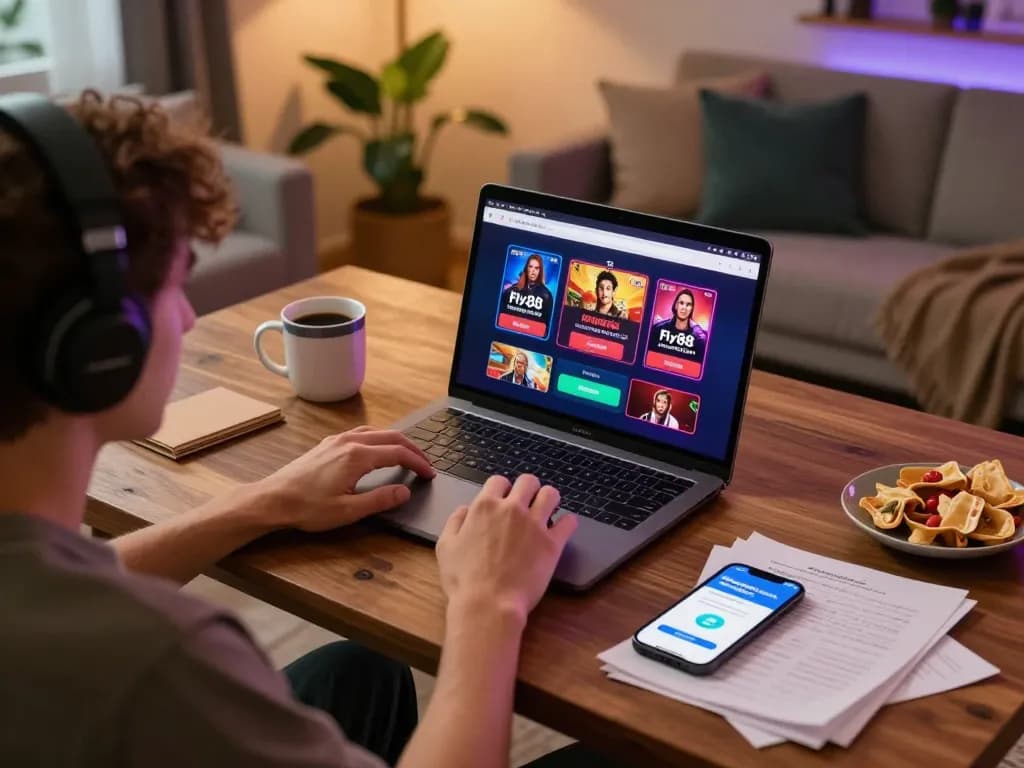 Experience fly88 gaming strategy with a cozy home setup featuring a laptop and smartphone for interactive betting.