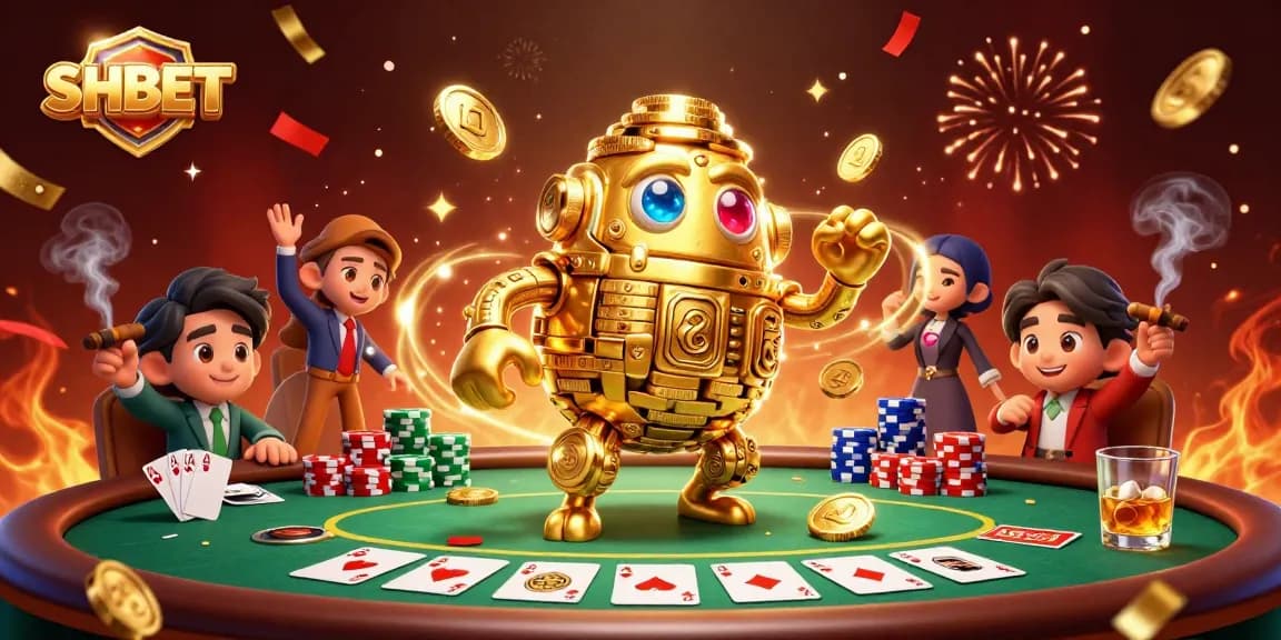 Experience the thrill of SHBET with vibrant casino elements and a golden golem backdrop.