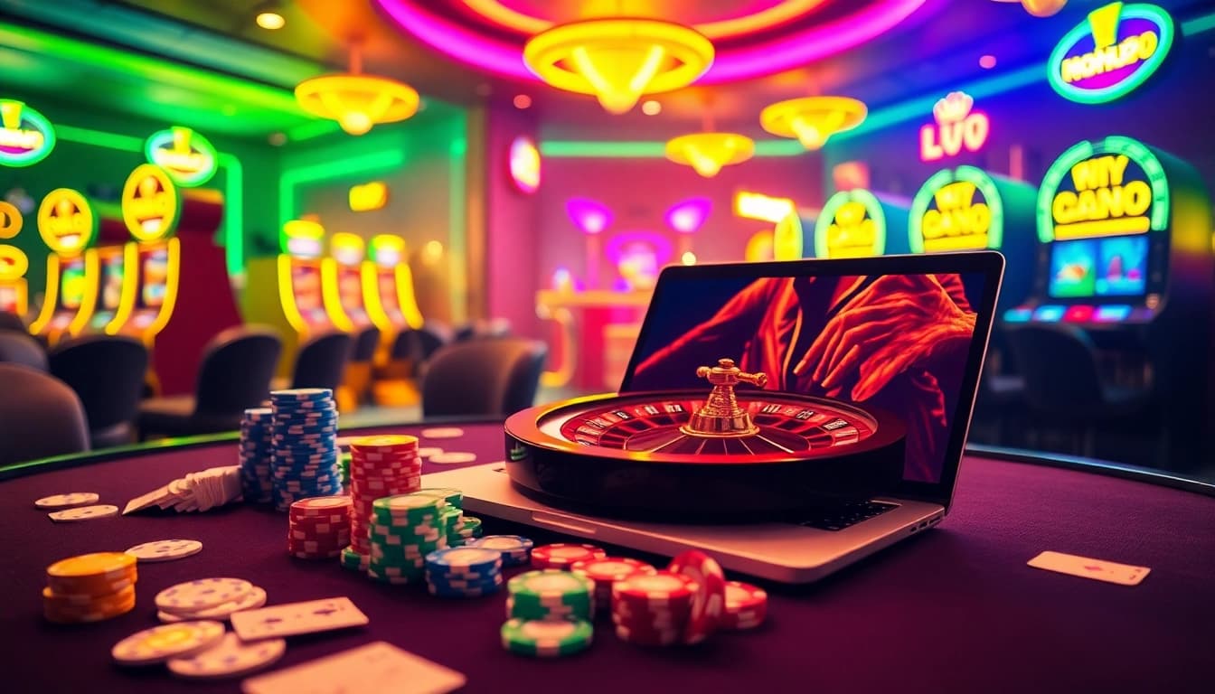 Nohu90 online gambling excitement with casino table, poker chips, and vibrant slot machines.