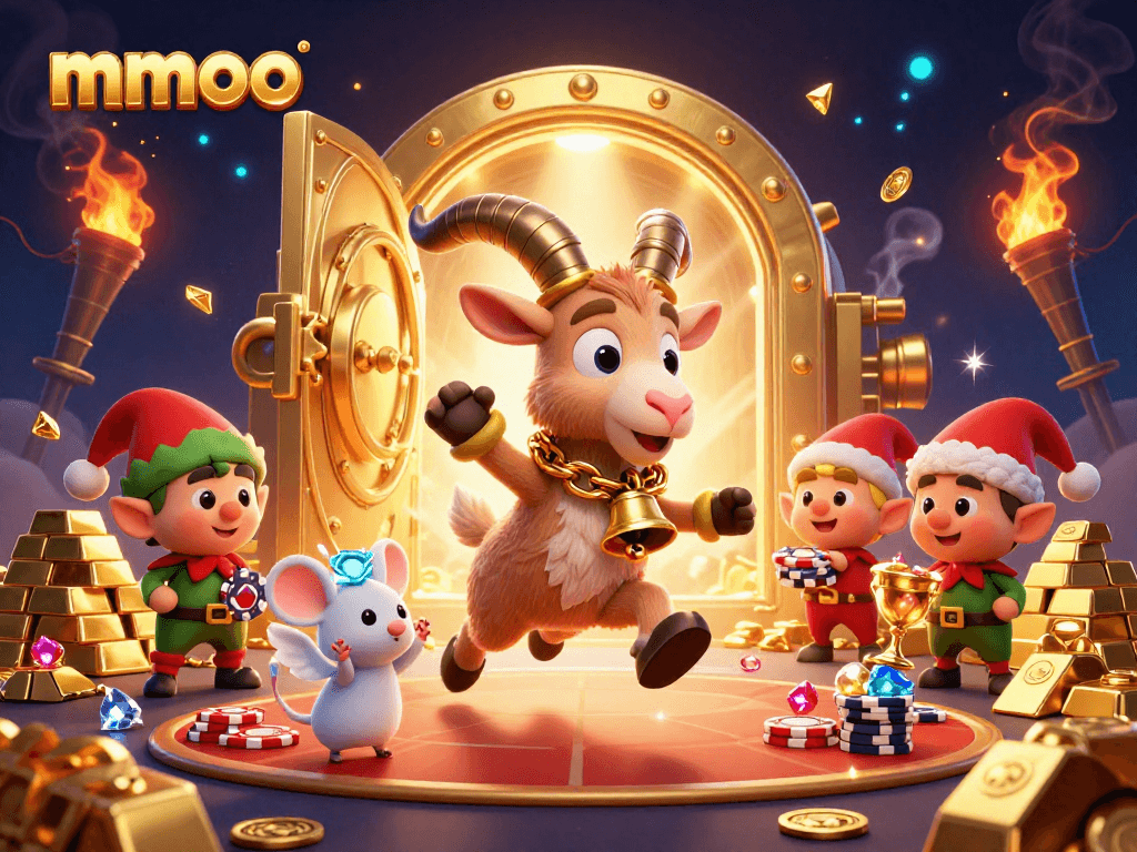Engage with mmoo's vibrant casino scene full of playful characters and treasure elements.