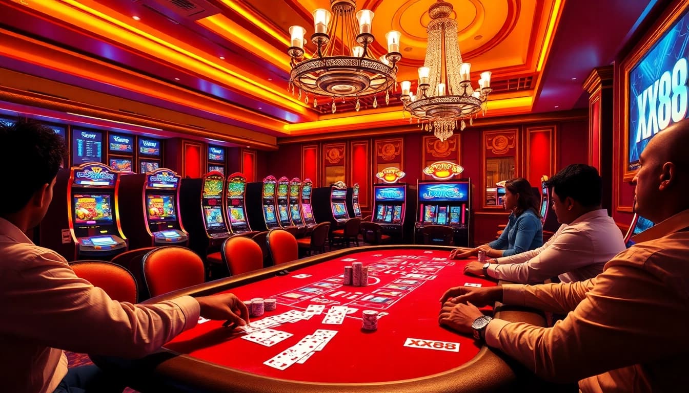 Engage in thrilling poker gameplay at XX88's luxurious casino table with vibrant atmosphere.