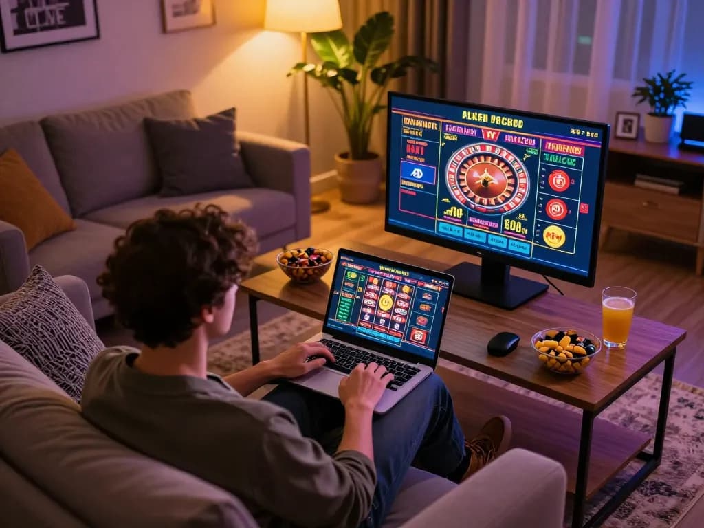Engaging scene of a user experiencing live casino gaming on Jun88 platform with warm home ambiance.