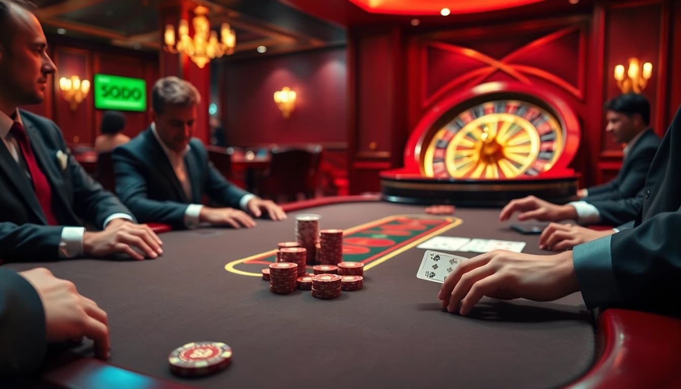 SODO casino scene showcasing intense gameplay at a luxurious poker table with vibrant casino elements.