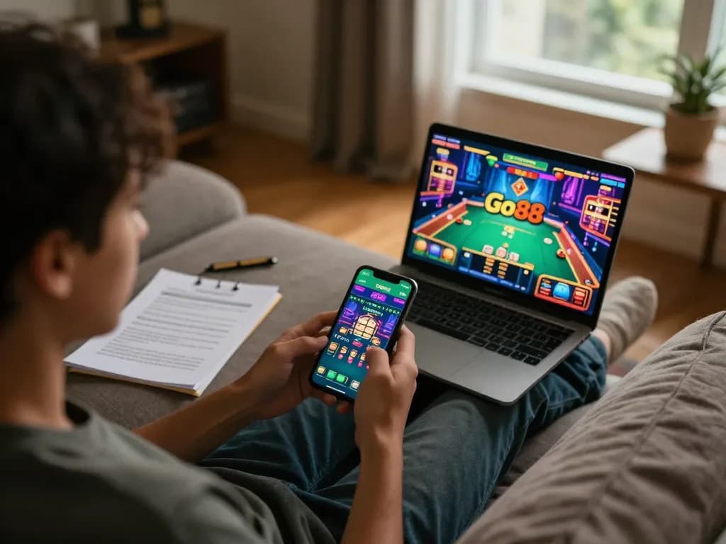 Players enjoying Go88 on their smartphones, showcasing an engaging online casino atmosphere.
