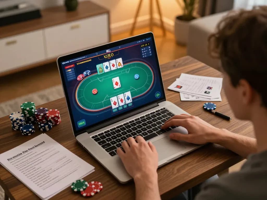 Player engaging with online casino games at urr88, showcasing strategy and excitement in a cozy environment.