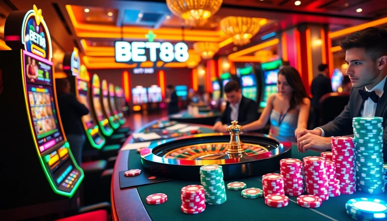 Engage with the exciting world of BET88 as gamblers play vibrant casino games.