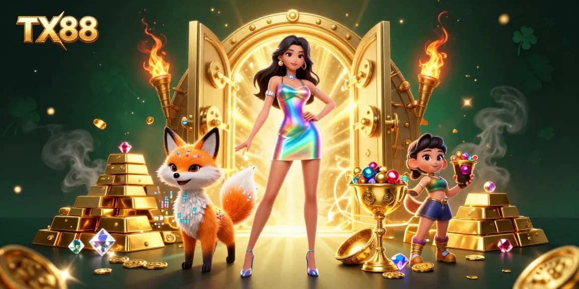 Engage with TX88 in this vibrant 3D casino illustration showcasing fortune and excitement in gaming.