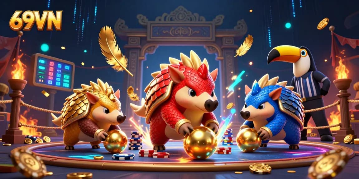 Experience thrilling gameplay at 69VN with dynamic pangolins rolling through poker chips and golden tokens.