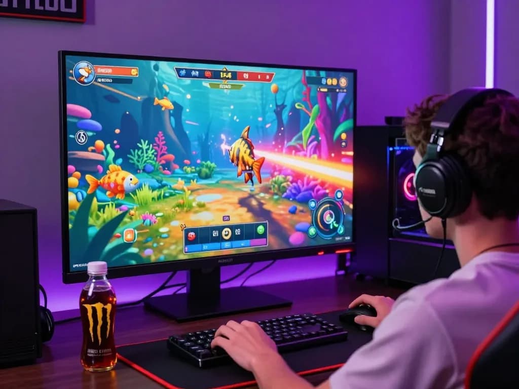 Engaged player enjoying a thrilling nhà cái nổ hũ game experience in a vibrant gaming room with colorful graphics.