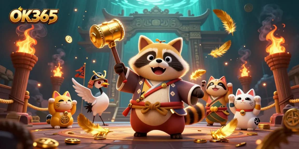 Engage with OK365's vibrant casino scene featuring a cheerful tanuki and fortune cats amidst gambling excitement.