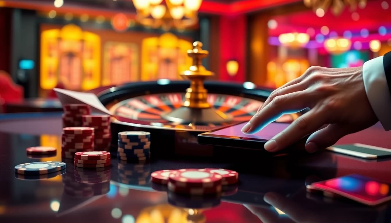 Experience the thrill of gambling at E2BET with vibrant casino tables and digital interfaces.