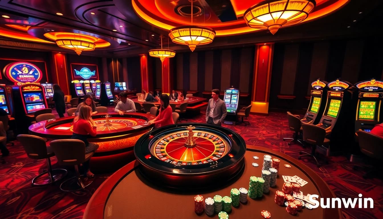 Experience the excitement of Sunwin in a luxurious casino setting with vibrant gaming tables and thrilling slot machines.