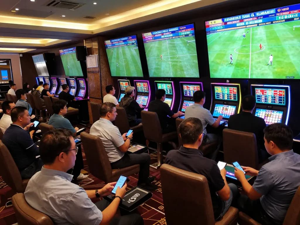 Betting on live soccer matches at 7m sports betting area, showcasing enthusiastic bettors and vibrant screens