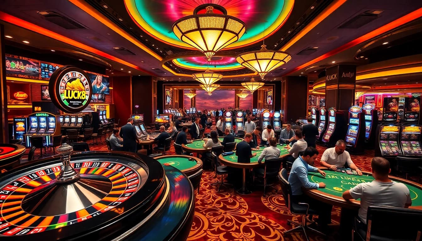 LUCK8 players enjoying a vibrant casino atmosphere with roulette and poker games.