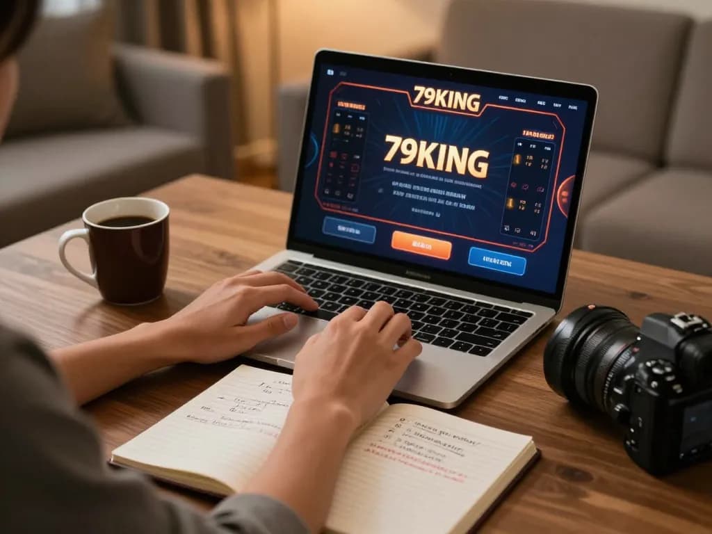 Engaged player using 79KING online casino interface, emphasizing responsible gaming.