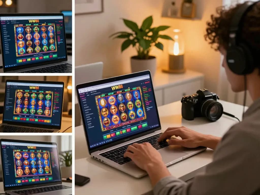 Player engages with WW88 casino games at home, enjoying a vibrant online experience.