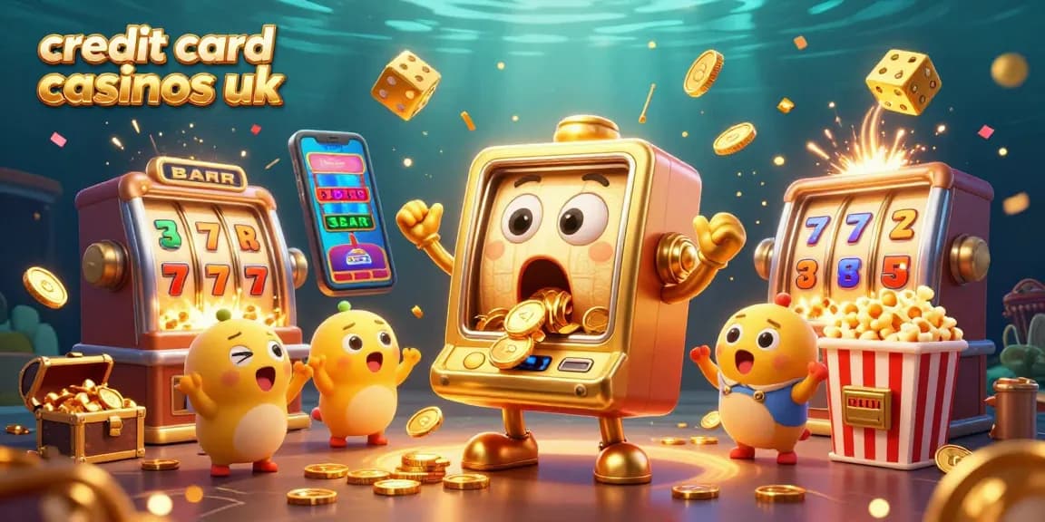 Experience the excitement of credit card casinos uk with vibrant illustrations featuring golden slot machines, confetti, and jackpots.