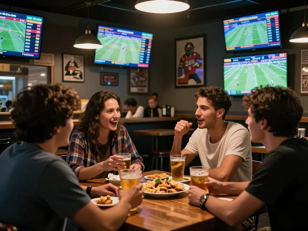 Friends discussing kèo nhà cái in a lively sports betting bar, excited atmosphere with multiple screens.