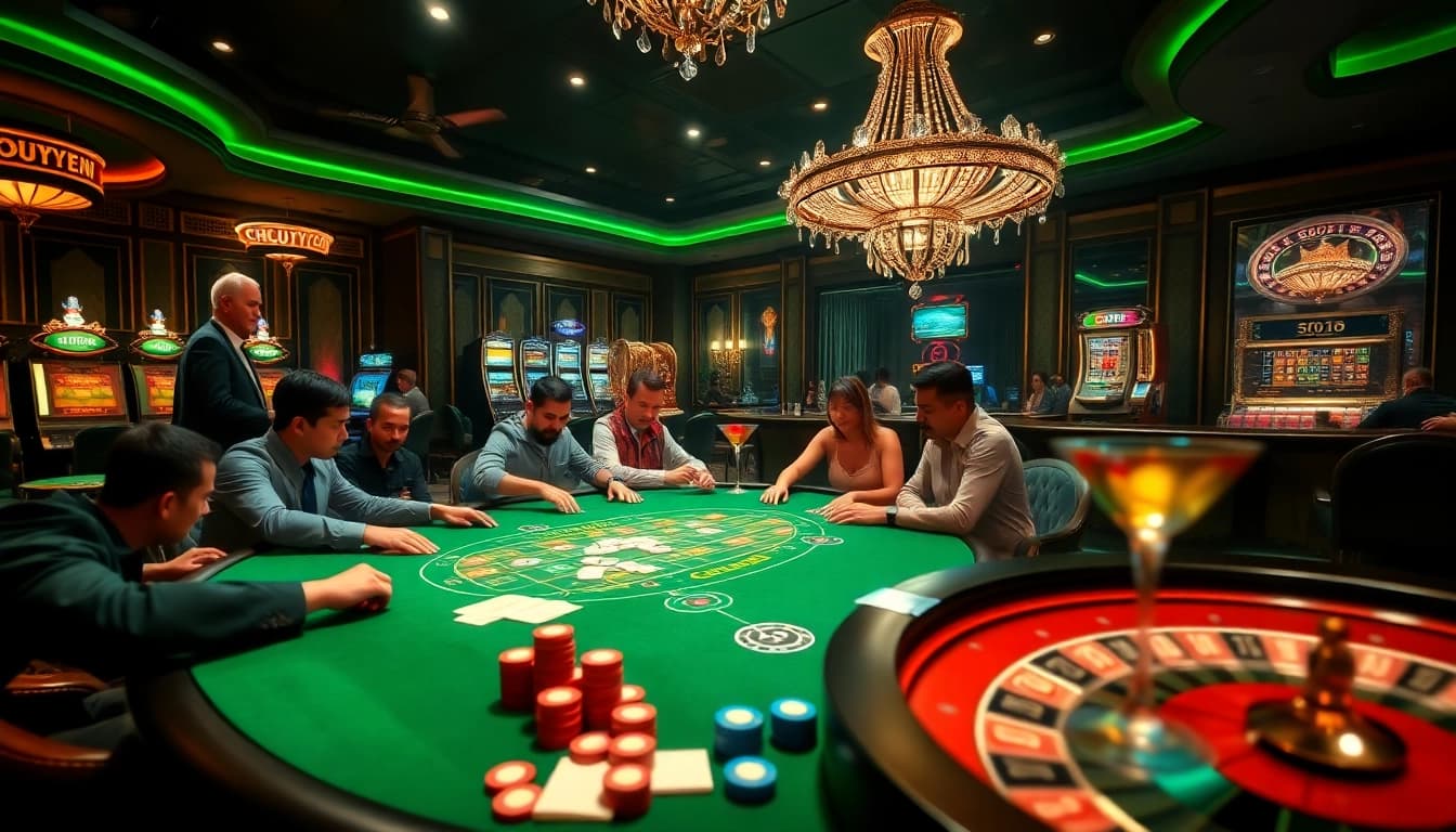 Chotruyen enhances the excitement of casino gameplay featuring a vibrant poker table and slot machines.