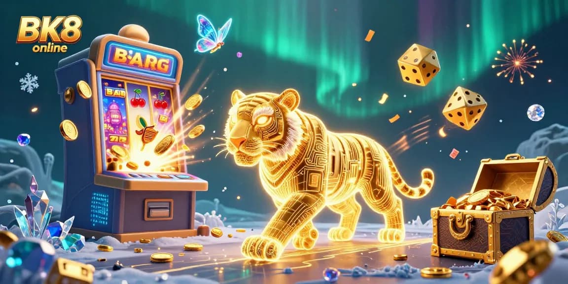 Experience BK8 online with a neon-wireframe tiger amidst a vibrant casino scene full of games and treasures.