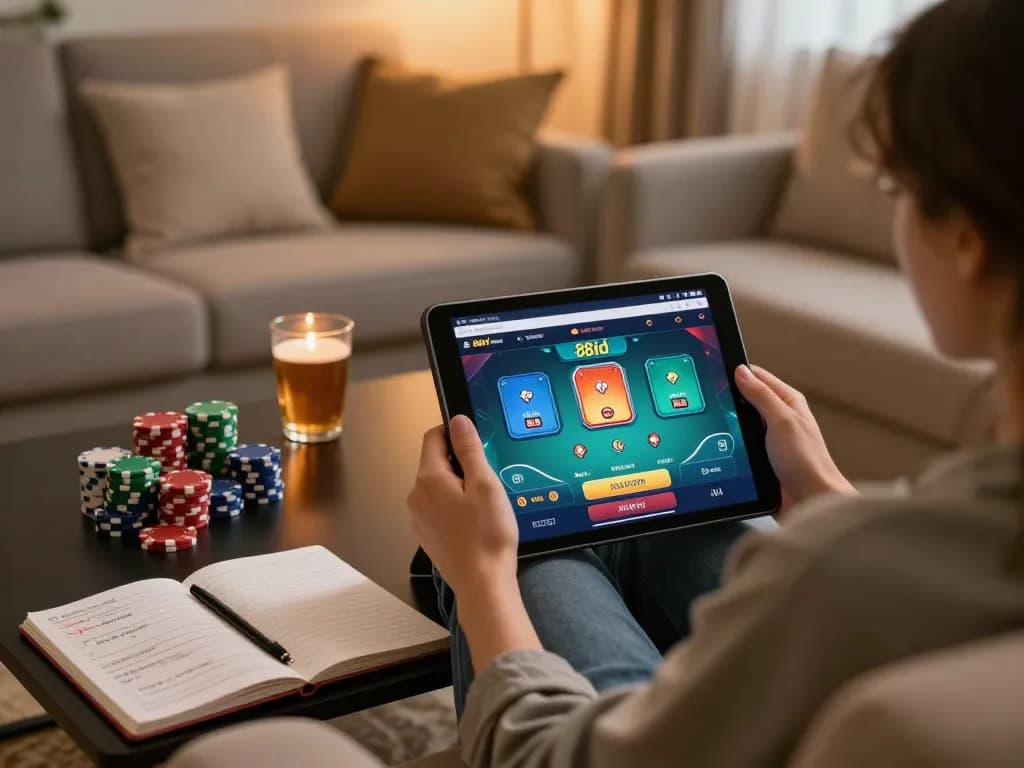 Berinteraksi dengan permainan poker online di platform 88id dalam pengaturan rumah yang nyaman, dengan catatan strategis di dekatnya.