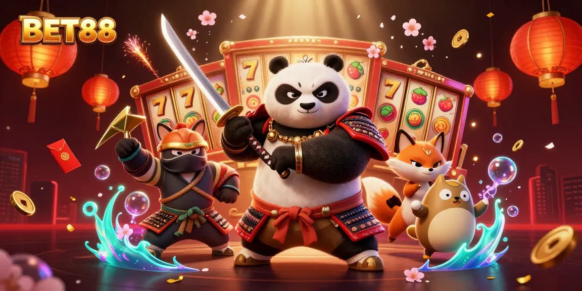 Engage with BET88 and join the thrilling world of slot games featuring rich visual elements of a 3D cartoon illustration.