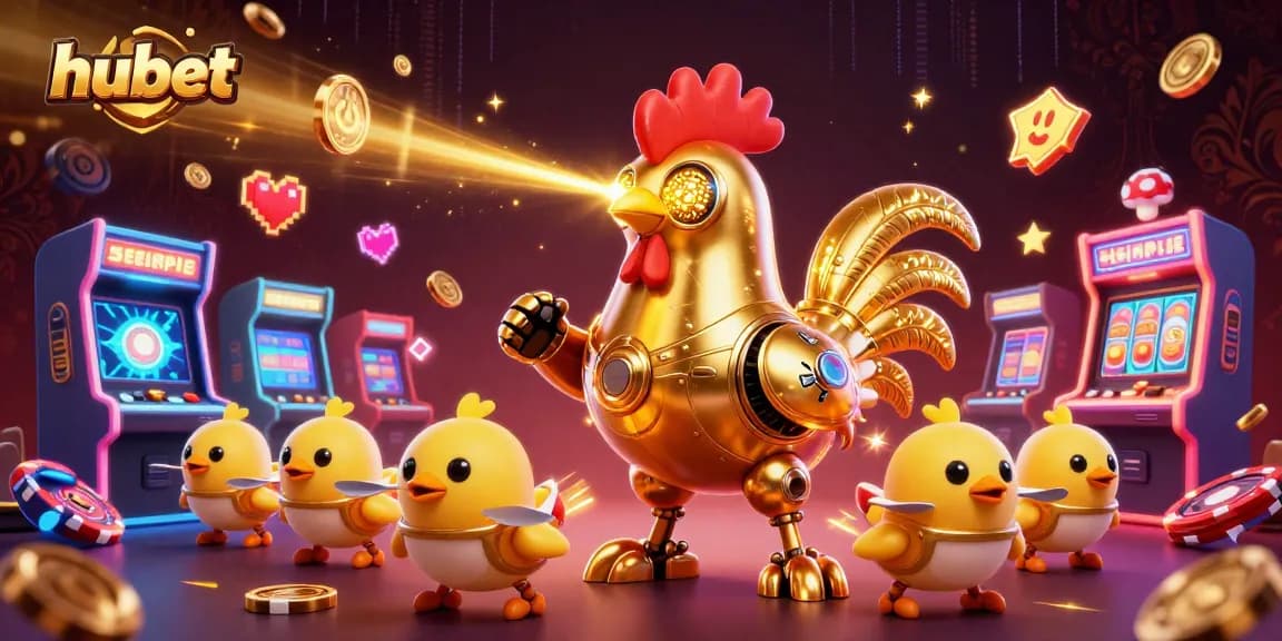 Experience thrilling hubet action with a golden rooster robot and playful drones in a vibrant casino scene.