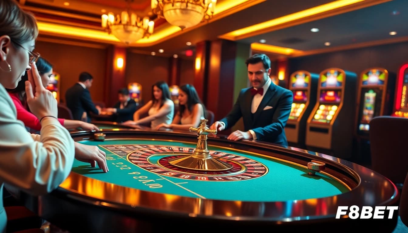 Experience thrilling gameplay at F8BET's luxurious casino with poker chips and roulette.