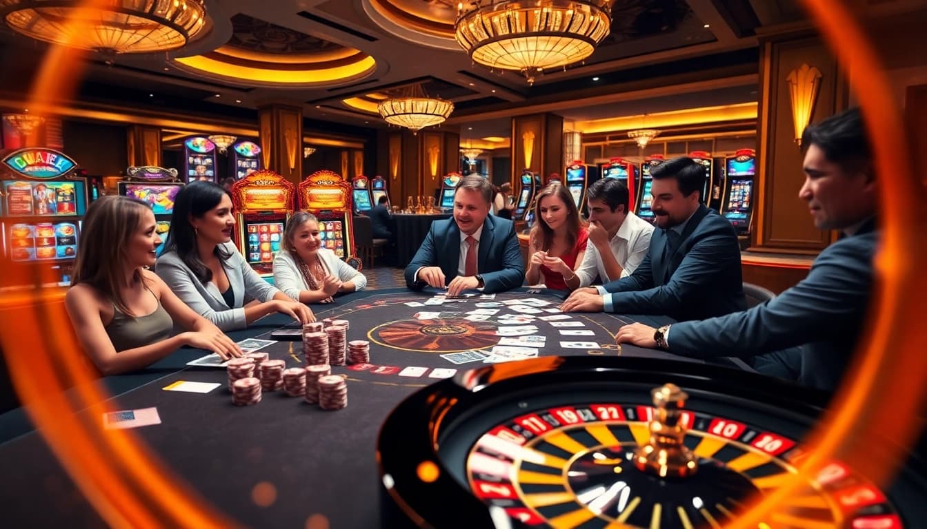 Gamblers enjoying excitement at https://luckywinn.us.com/ with poker chips, cards, and a roulette wheel.