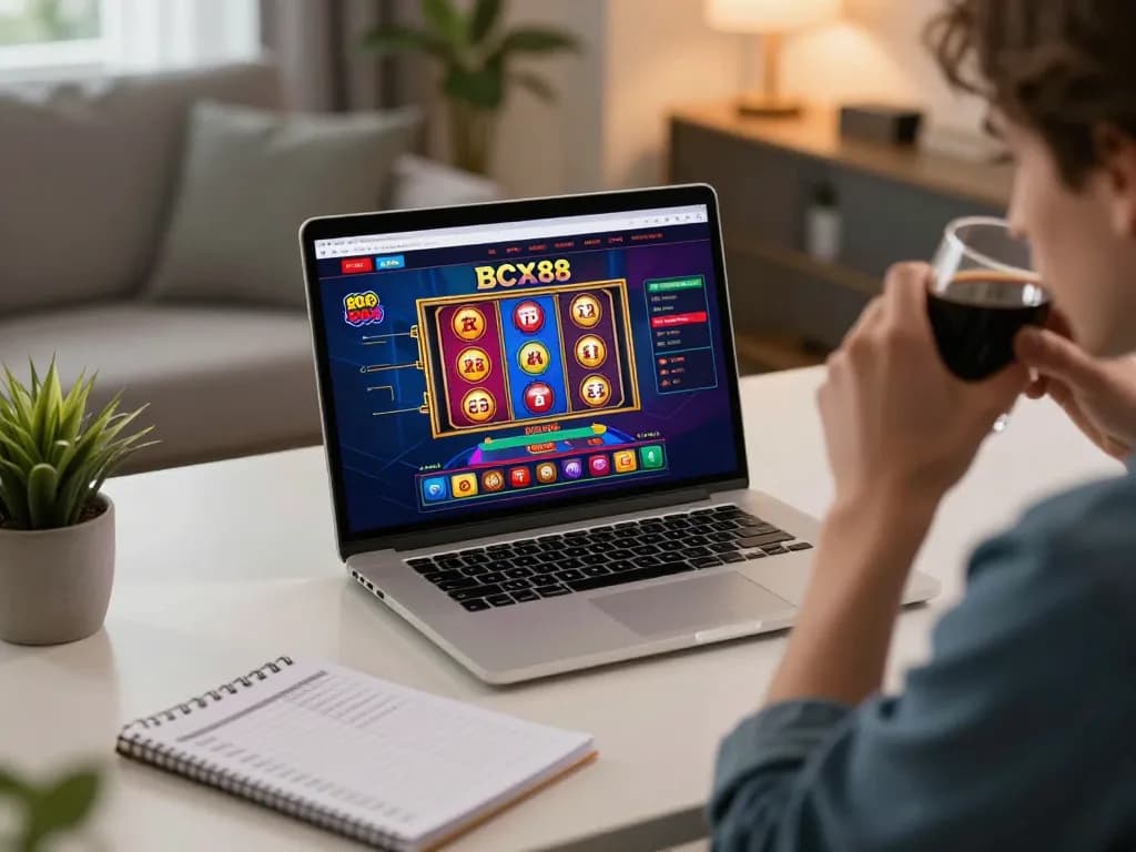 Engaged player strategizing bets on BCX88 online casino interface in a cozy home setting.